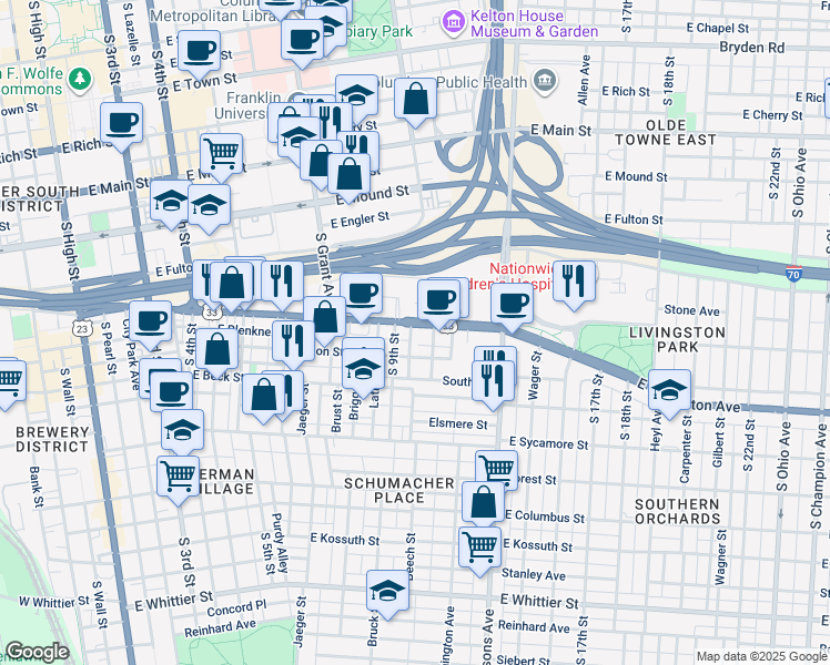map of restaurants, bars, coffee shops, grocery stores, and more near 446-490 E Livingston Ave in Columbus