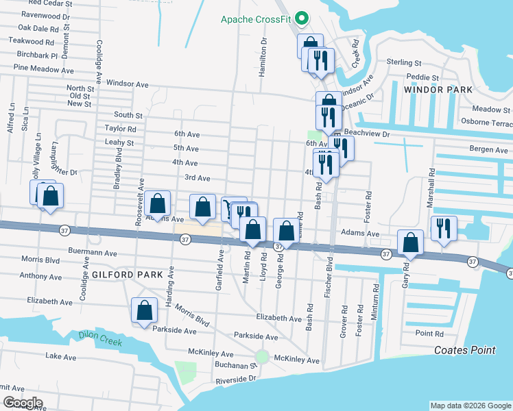 map of restaurants, bars, coffee shops, grocery stores, and more near 2608 2nd Avenue in Toms River