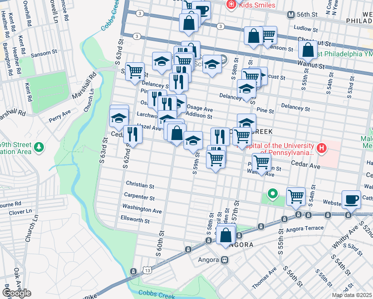 map of restaurants, bars, coffee shops, grocery stores, and more near 5930 Cedar Avenue in Philadelphia