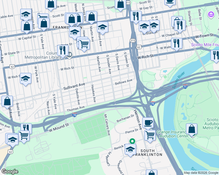 map of restaurants, bars, coffee shops, grocery stores, and more near 850 Bellows Avenue in Columbus