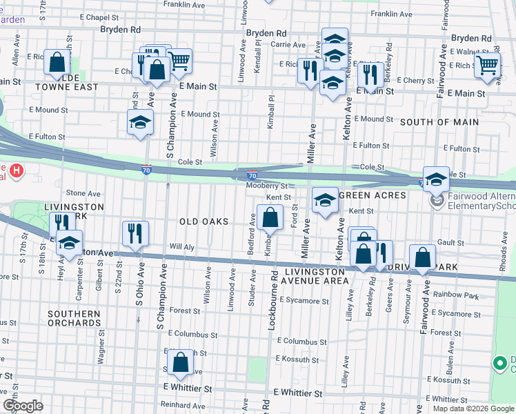 map of restaurants, bars, coffee shops, grocery stores, and more near 666 Kimball Place in Columbus