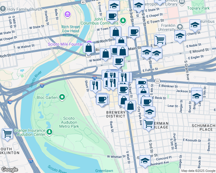 map of restaurants, bars, coffee shops, grocery stores, and more near 477 South Front Street in Columbus