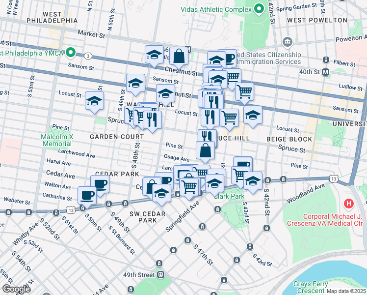map of restaurants, bars, coffee shops, grocery stores, and more near Pine St & S 46th St in Philadelphia