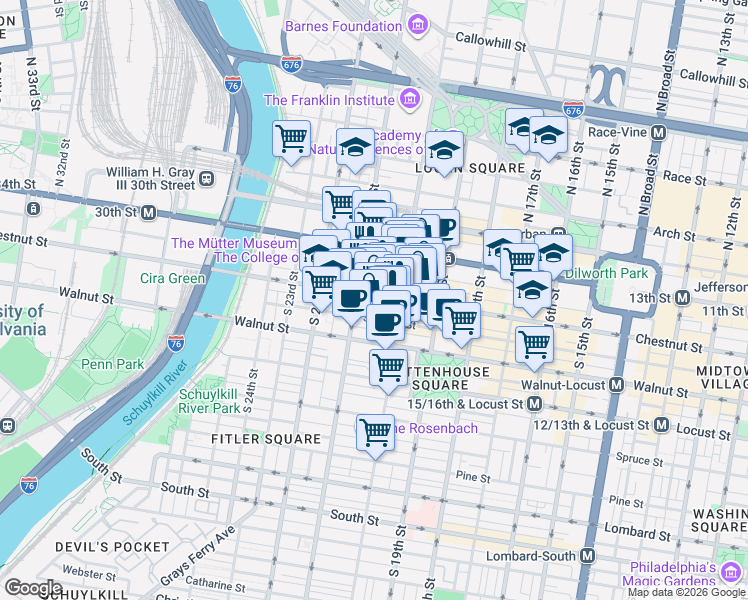 map of restaurants, bars, coffee shops, grocery stores, and more near 2028 Chestnut Street in Philadelphia