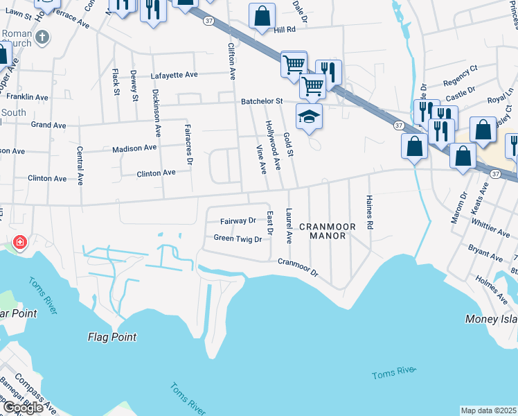 map of restaurants, bars, coffee shops, grocery stores, and more near 29 East Drive in Toms River