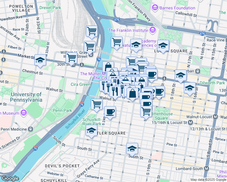 map of restaurants, bars, coffee shops, grocery stores, and more near 2309 Sansom Street in Philadelphia