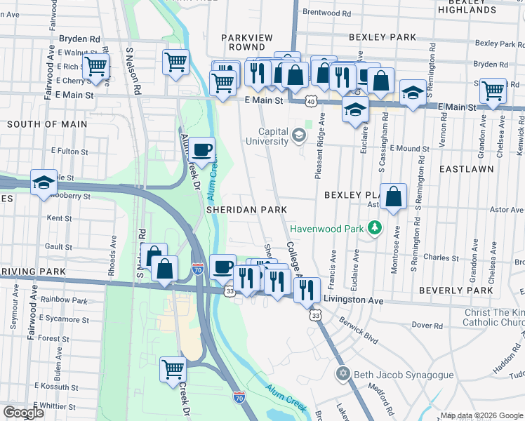 map of restaurants, bars, coffee shops, grocery stores, and more near 804 Sheridan Avenue in Columbus