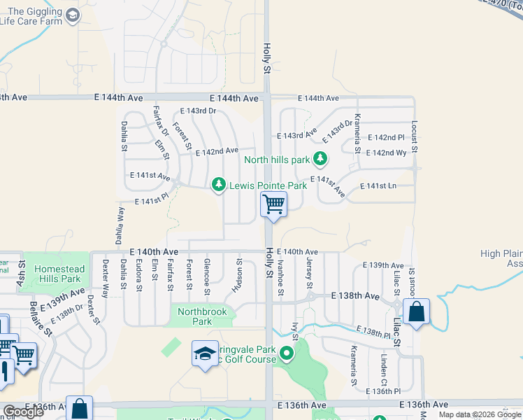 map of restaurants, bars, coffee shops, grocery stores, and more near Hudson Way in Thornton