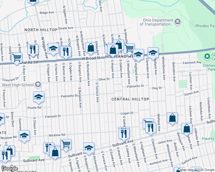map of restaurants, bars, coffee shops, grocery stores, and more near 135 South Eureka Avenue in Columbus