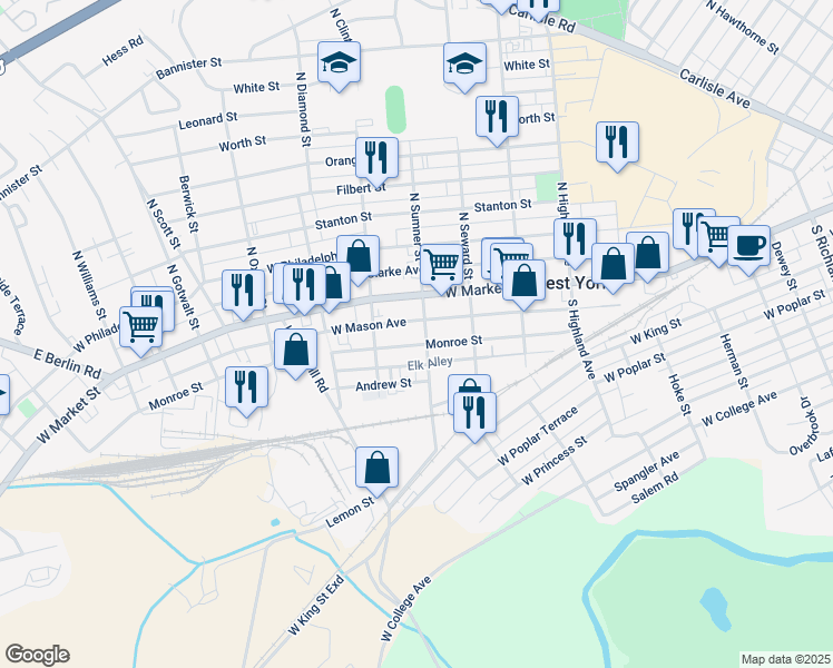 map of restaurants, bars, coffee shops, grocery stores, and more near 1707 Monroe Street in West York
