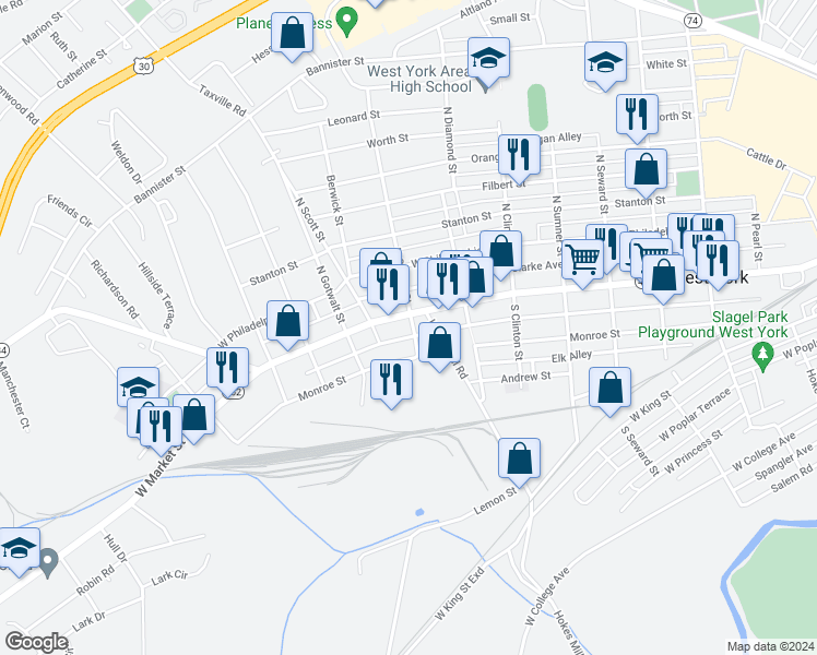 map of restaurants, bars, coffee shops, grocery stores, and more near 2004 West Market Street in York