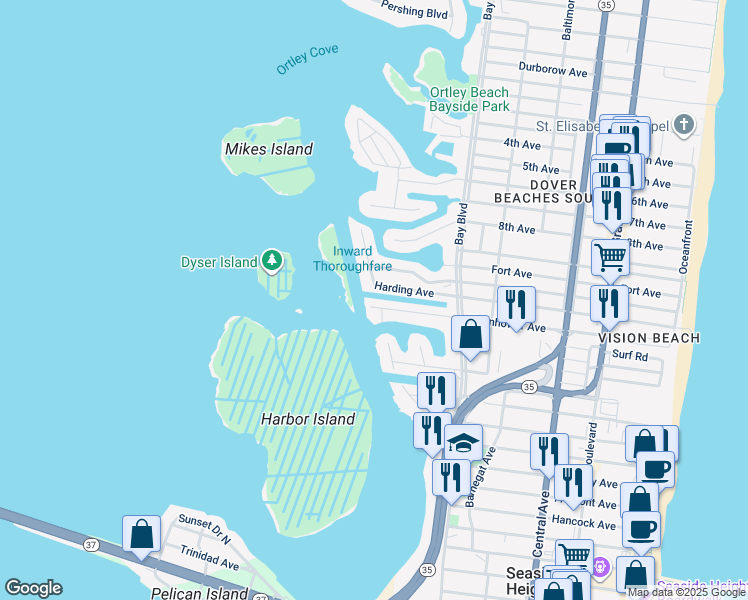 map of restaurants, bars, coffee shops, grocery stores, and more near 443 Harding Avenue in Seaside Heights
