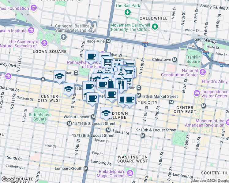 map of restaurants, bars, coffee shops, grocery stores, and more near 1 South 13th Street in Philadelphia