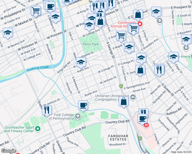 map of restaurants, bars, coffee shops, grocery stores, and more near 148 West Cottage Place in York
