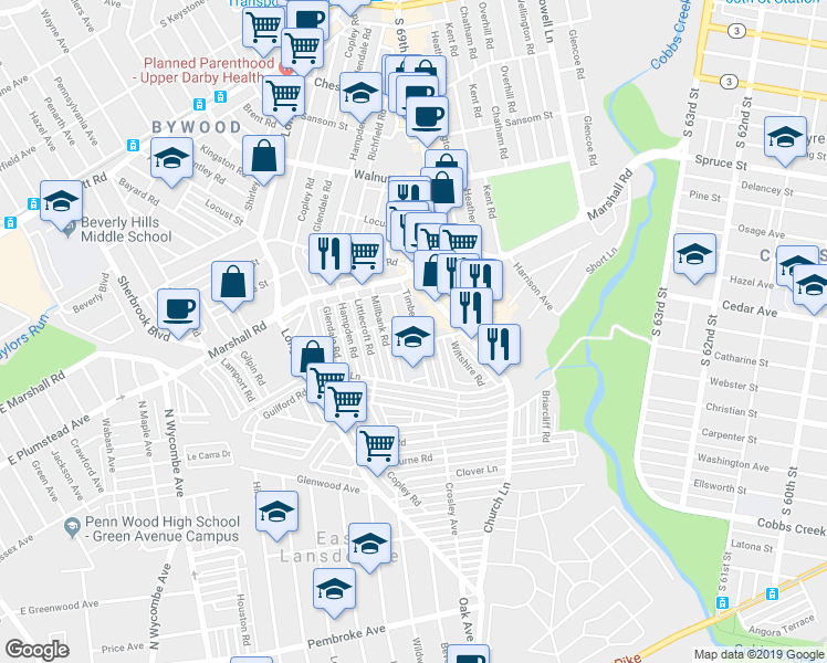map of restaurants, bars, coffee shops, grocery stores, and more near 516 Timberlake Road in Upper Darby