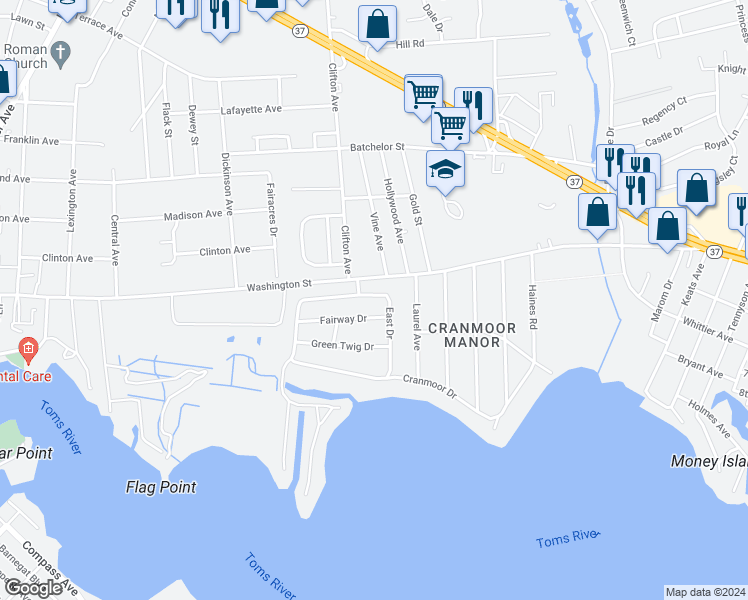 map of restaurants, bars, coffee shops, grocery stores, and more near 29 East Drive in Toms River