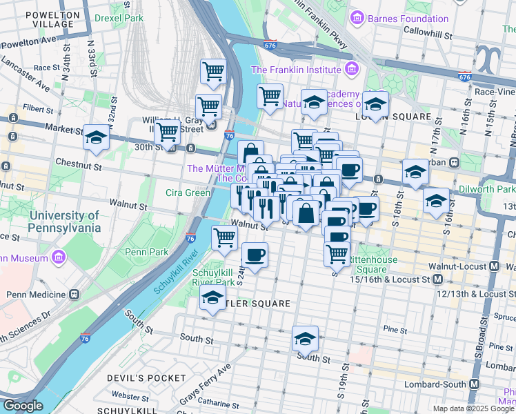 map of restaurants, bars, coffee shops, grocery stores, and more near 2317 Sansom Street in Philadelphia