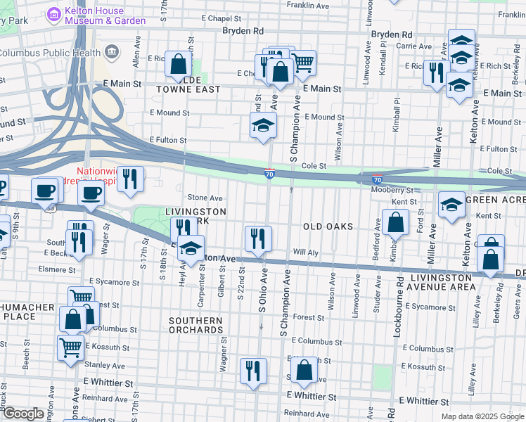 map of restaurants, bars, coffee shops, grocery stores, and more near 624 South Ohio Avenue in Columbus