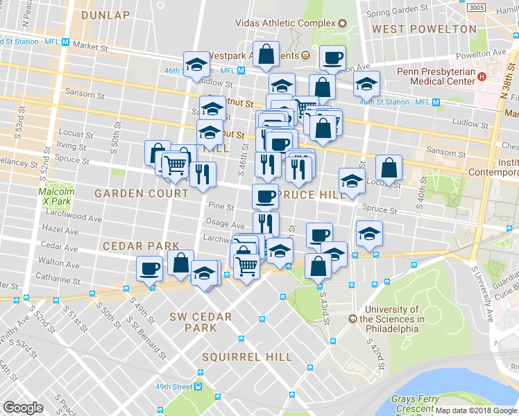 map of restaurants, bars, coffee shops, grocery stores, and more near 4511 Pine Street in Philadelphia
