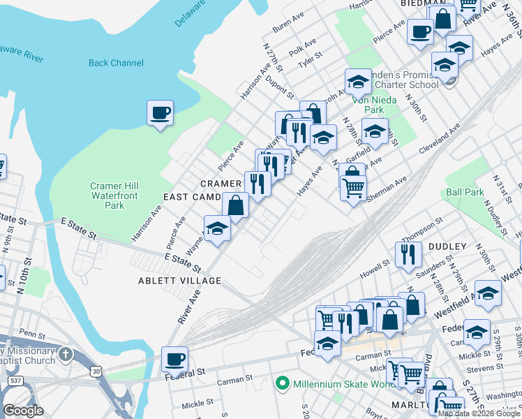 map of restaurants, bars, coffee shops, grocery stores, and more near 2103 River Avenue in Camden