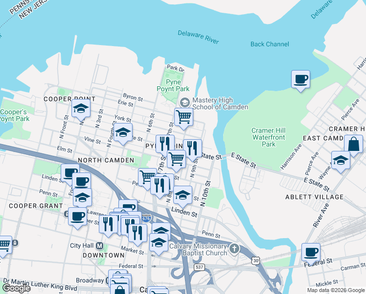map of restaurants, bars, coffee shops, grocery stores, and more near 823 North 8th Street in Camden