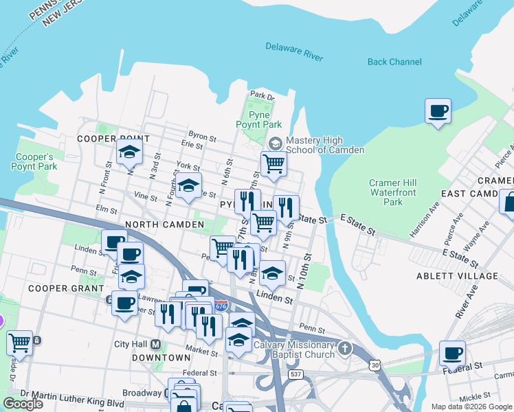 map of restaurants, bars, coffee shops, grocery stores, and more near 650 Grant Street in Camden