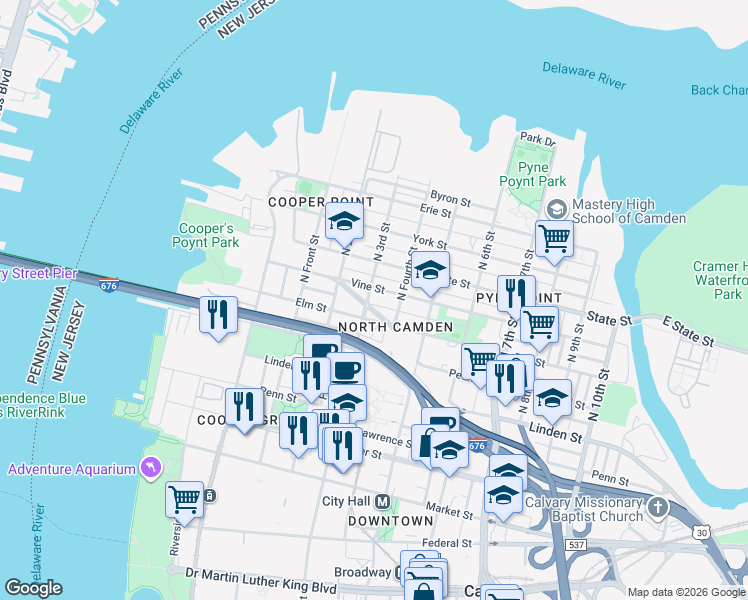 map of restaurants, bars, coffee shops, grocery stores, and more near 303 Vine Street in Camden