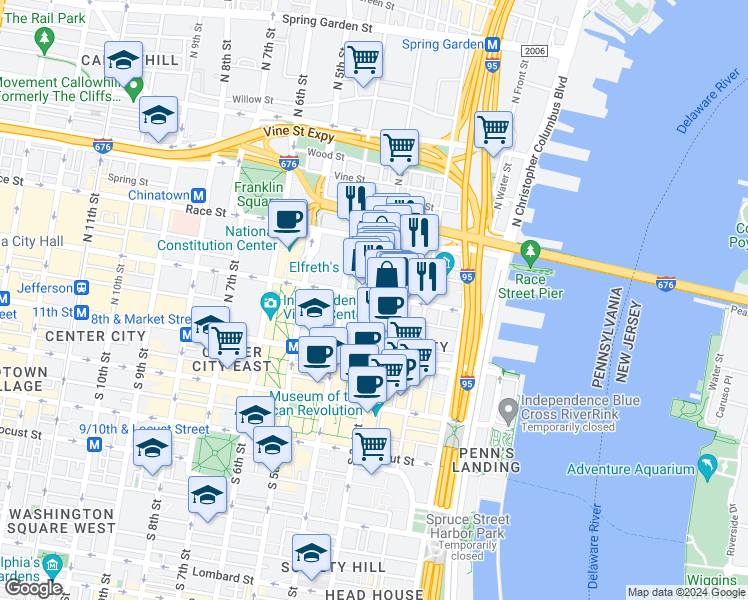 map of restaurants, bars, coffee shops, grocery stores, and more near in Philadelphia