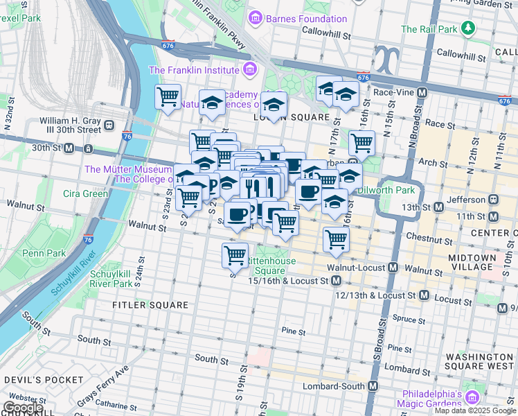 map of restaurants, bars, coffee shops, grocery stores, and more near 1919 Chestnut Street in Philadelphia