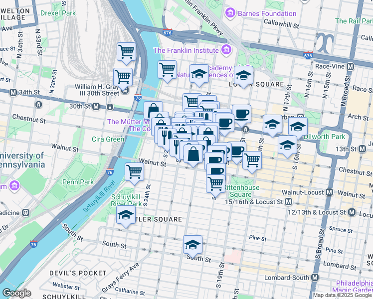 map of restaurants, bars, coffee shops, grocery stores, and more near 25 South Van Pelt Street in Philadelphia