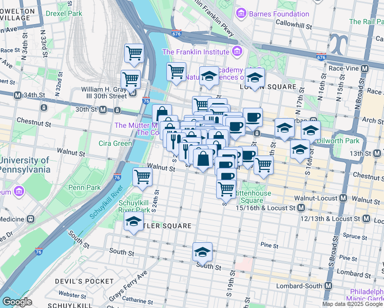 map of restaurants, bars, coffee shops, grocery stores, and more near 25 South Van Pelt Street in Philadelphia