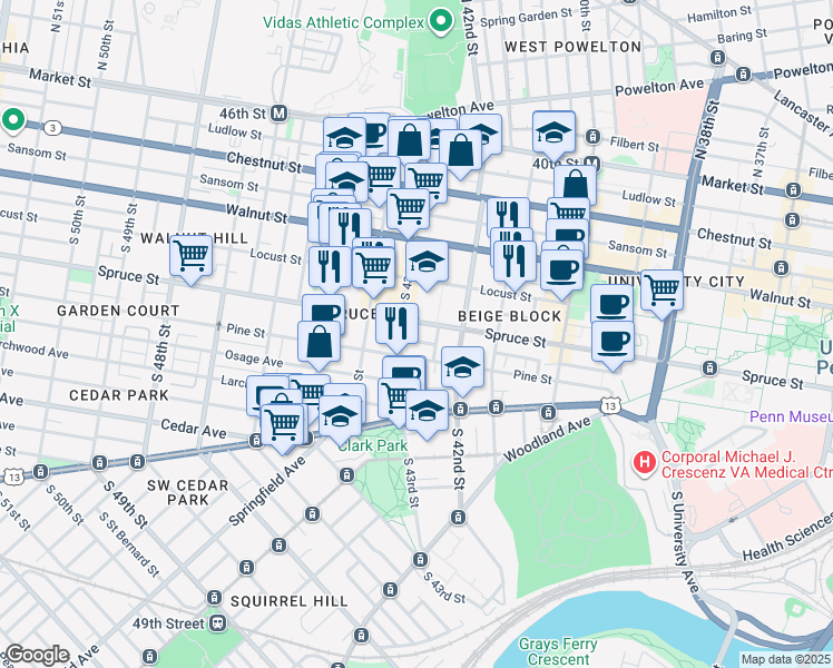 map of restaurants, bars, coffee shops, grocery stores, and more near 4222 Spruce Street in Philadelphia