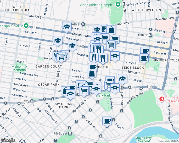 map of restaurants, bars, coffee shops, grocery stores, and more near 4511 Pine Street in Philadelphia