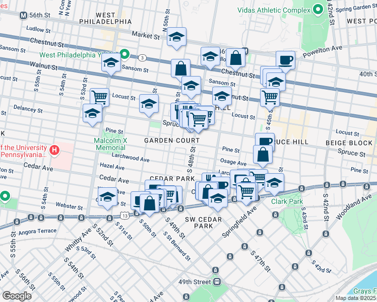 map of restaurants, bars, coffee shops, grocery stores, and more near 4800 Pine Street in Philadelphia