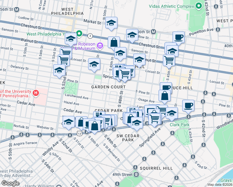 map of restaurants, bars, coffee shops, grocery stores, and more near 4800 Pine Street in Philadelphia