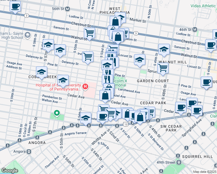 map of restaurants, bars, coffee shops, grocery stores, and more near 434 South 52nd Street in Philadelphia