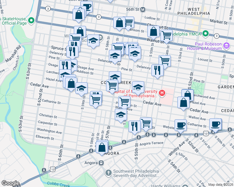 map of restaurants, bars, coffee shops, grocery stores, and more near 524 South 57th Street in Philadelphia