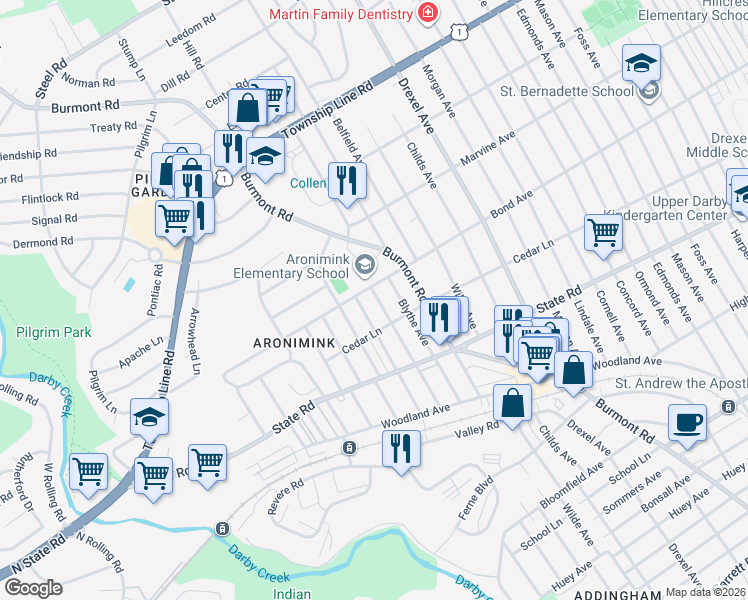 map of restaurants, bars, coffee shops, grocery stores, and more near 937 Alexander Avenue in Drexel Hill