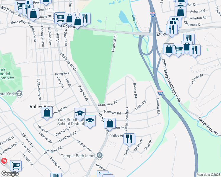 map of restaurants, bars, coffee shops, grocery stores, and more near 1155 Hollywood Terrace in York