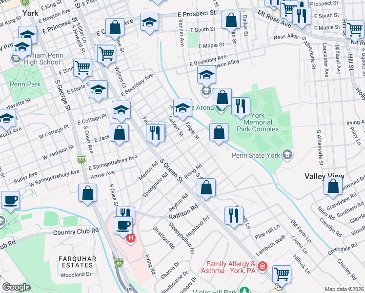 map of restaurants, bars, coffee shops, grocery stores, and more near 340 Rockdale Avenue in York