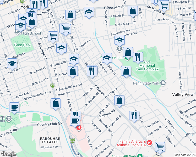 map of restaurants, bars, coffee shops, grocery stores, and more near 900-914 South Pine Street in York