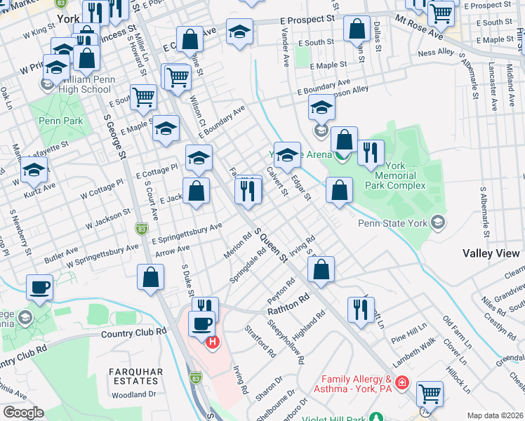 map of restaurants, bars, coffee shops, grocery stores, and more near 900-914 South Pine Street in York
