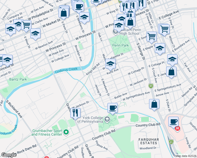 map of restaurants, bars, coffee shops, grocery stores, and more near 307 Kurtz Avenue in York