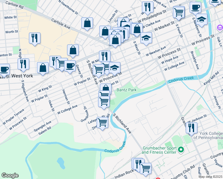 map of restaurants, bars, coffee shops, grocery stores, and more near 836 West Locust Street in York