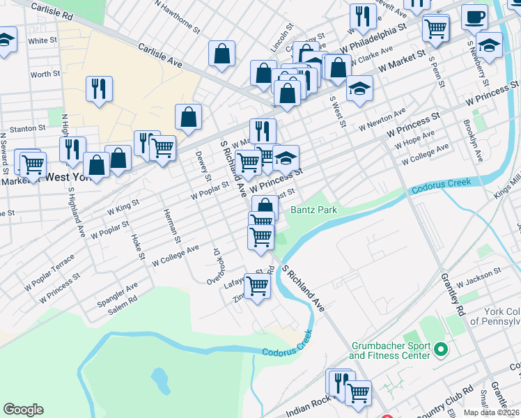 map of restaurants, bars, coffee shops, grocery stores, and more near 942 West Locust Street in York