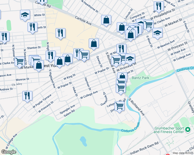 map of restaurants, bars, coffee shops, grocery stores, and more near 1212 West Poplar Street in West York