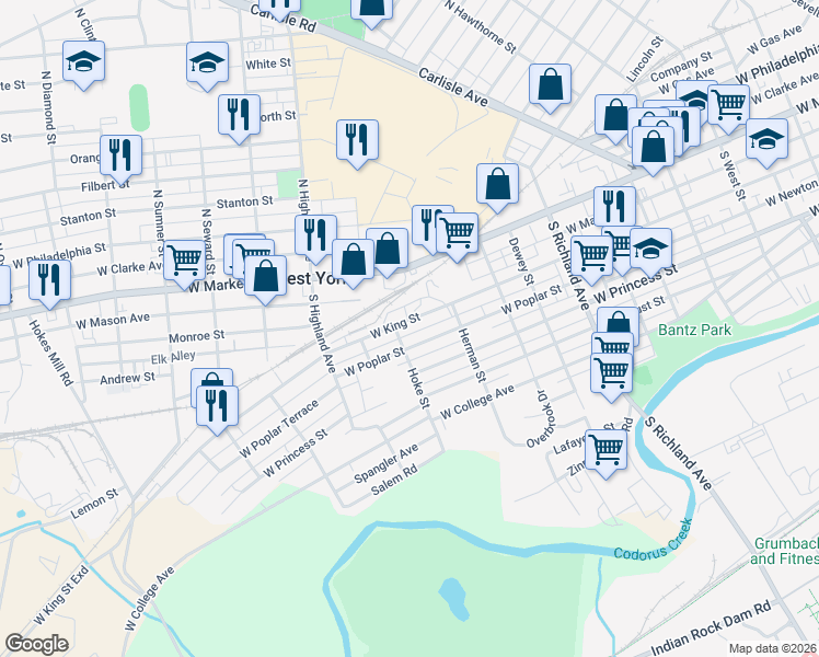 map of restaurants, bars, coffee shops, grocery stores, and more near 1275 West King Street in West York