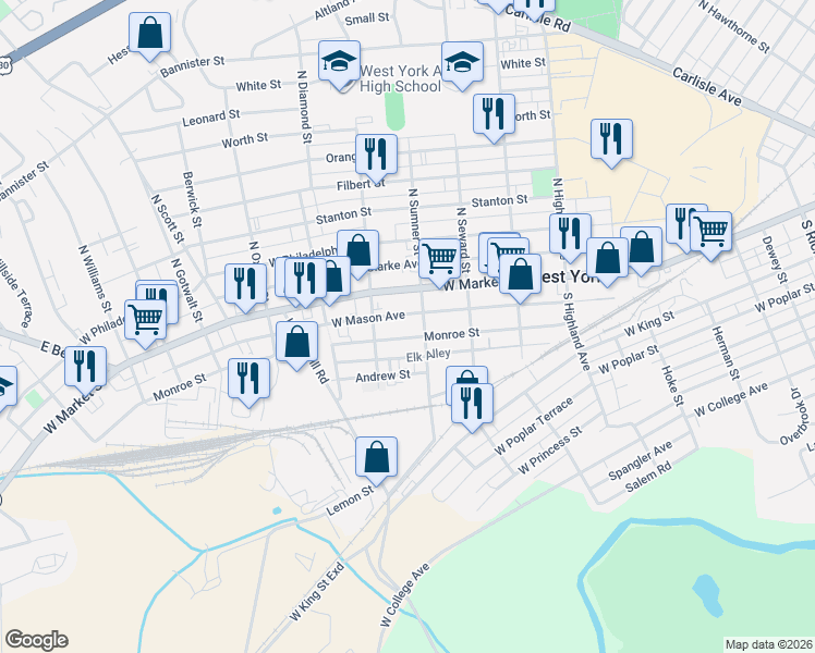 map of restaurants, bars, coffee shops, grocery stores, and more near 1730 West Mason Avenue in West York