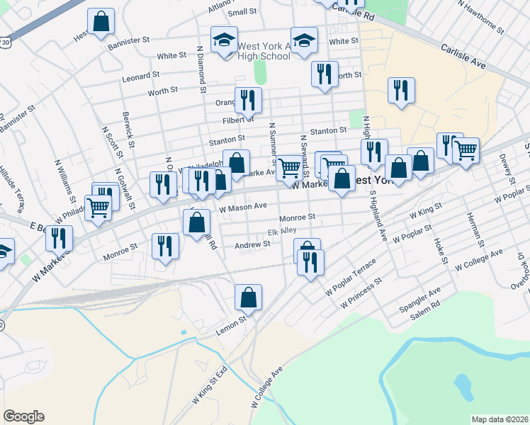 map of restaurants, bars, coffee shops, grocery stores, and more near 1730 West Mason Avenue in West York