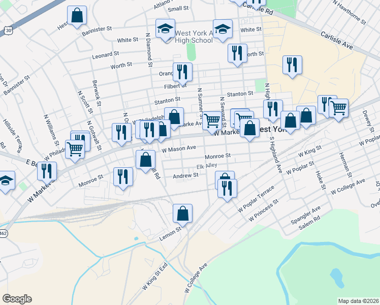 map of restaurants, bars, coffee shops, grocery stores, and more near 1730 West Mason Avenue in West York